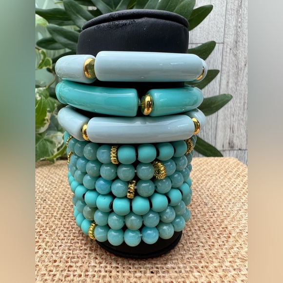 Boho Chic Teal Stackable Bead Bracelet Set - Stylish Dressy Bracelet Set - Picture 12 of 13